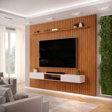 Imagem de Painel Ripado Com Bancada Suspensa Para Tv Até 75 Polegadas 275 Trento Freijó/off White - Dj Móveis