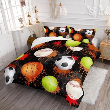 Imagem de XYNHML Jogo de cama colorido com bola esportiva, 3 peças, basquete, beisebol, tênis, decoração de cama para crianças, adolescentes, meninas, adultos, hip hop, graffiti, futebol americano, colcha com 1