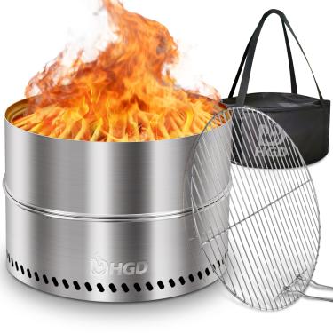 Imagem de HGD Fogueira sem fumaça de 49,5 cm com churrasqueira, fogueira portátil para acampamento e quintal, lareira externa de aço inoxidável com bolsa de viagem, fácil configuração e armazenamento compacto