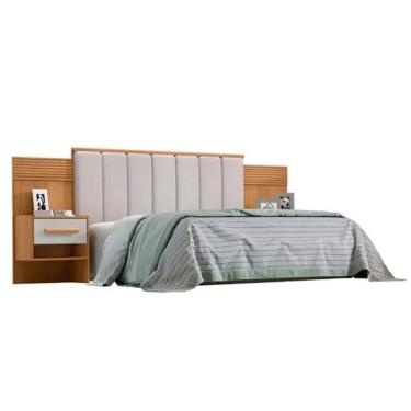Imagem de Cabeceira Casal íris Estofada Com 2 Mesas De Cabeceira D`doro Cinamono Off White Ripado 1,40m