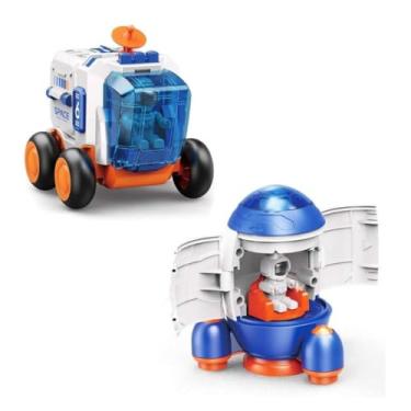 Imagem de Kit 2 Brinquedos Espaciais Infantis com Astronauta, Movimento por Fricção, Material Plástico, para Crianças acima de 3 Anos (Foguete + Veículo Laranja)