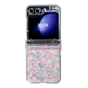 Imagem de GO-VOLMON Capa feminina fofa para Samsung Galaxy Z Flip 6 estampa de flores Kawaii, capa transparente para Galaxy Z Flip 6 com protetor de dobradiça, glitter em pó adorável design floral capa feminina
