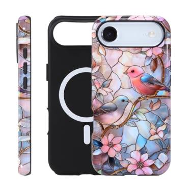 Imagem de Fourmor Capa para iPhone 17 Air – Carregamento sem fio para MagSafe, capa externa rígida de policarbonato + capa protetora interna de TPU macio de 2 camadas à prova de choque, padrões florais e