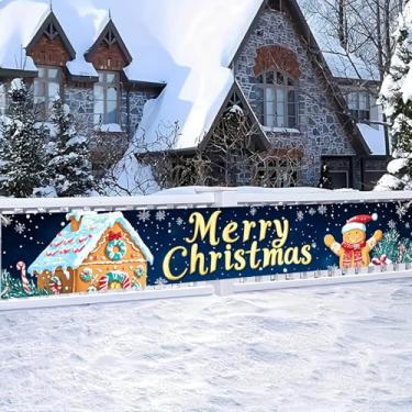 Imagem de HOMETITUTE Faixa de Feliz Natal 395 x 50 cm Grande Pano de Fundo de Cena de Gengibre Cena de Neve Decorações de Natal para Cerca Quintal Varanda Festa Pendurado na Parede Feriado Celebração Pano de