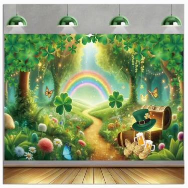 Imagem de 1,8 x 1,8 m Dia de São Patrício Floresta Encantada Fundo Fotográfico Arco-íris Lucky Leprechaun Pano de Fundo para Feriados de Mídia Social para Casa Bar Festa Banner Suprimentos Poliéster