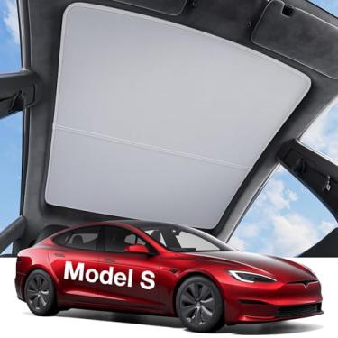 Imagem de Wigoo 2025 Upgrade Tesla Model S Sunshade Roof [Never Sag, Nano Ice-Crystal Coatings] Toldo de vidro com isolamento térmico de 3 gerações, acessórios para Tesla Model S 2020~2025, Tesla Interior Cinza