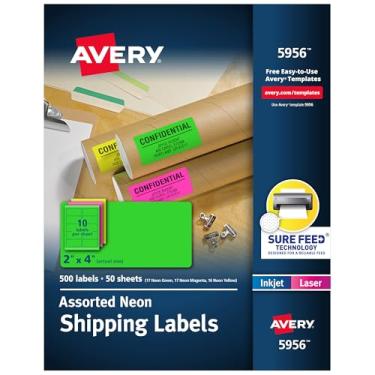 Imagem de Avery Etiquetas neon de 5 x 10 cm com Sure Feed para impressoras a laser, cores sortidas, 500 etiquetas neon (5956)