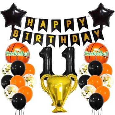 Imagem de Balão esportivo preto de 11 anos, decoração esportiva de 11 anos, 11º aniversário, troféu de basquete, 11 balões, tema esportivo de basquete dourado, decoração de festa para crianças, meninos