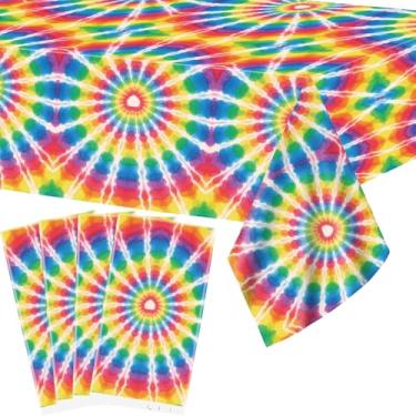 Imagem de Ywediim 4 Pcs Tie Dye Party Tablecloth Decorations, Waterproof Rectangular Table Cover, for 60s 70s Theme Baby Shower Birthday Party Supplies 52 x 108 Inch