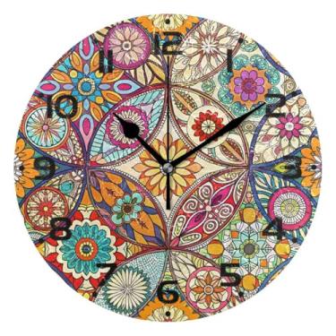 Imagem de JUZIHAI Relógio de parede Boho mandala silencioso, sem tique-taque, relógios de parede redondos operados por bateria, fácil de ler, relógio decorativo de parede para casa, cozinha, sala de estar