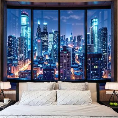Imagem de Lifeella Tapeçaria de janela noturna da cidade, pano de fundo de parede de arranha-céu Cyberpunk, mural de visão urbana neon azul para decoração de quarto e sala de estar, 152 x 203 cm
