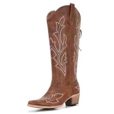 Imagem de Botas caubói ocidentais de panturrilha larga feminina marrom gravata ajustável salto alto baixo bico quadrado vaqueira tamanho grande, Marrom, 7 Wide