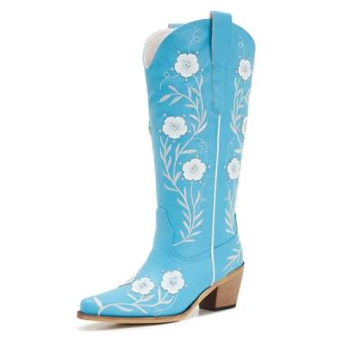 Imagem de Botas femininas bordadas turquesa de panturrilha larga – Botas de cano alto ocidentais plus size com costura floral, estilo pull on e salto baixo, Turquesa, 11 Wide