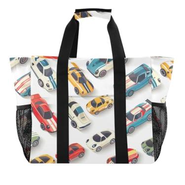 Imagem de ODAWA Bolsas femininas fofas de praia de carros de desenho animado para mulheres, à prova d'água com alças abertas, Carros fofos de desenho animado, One Size