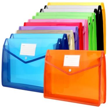Imagem de ZEONHEI Pasta de arquivo de plástico tamanho A4 de 12 peças - Envelope de poliéster expansível à prova d'água bolsa transparente com fecho de pressão e bolso para etiqueta, cores sortidas