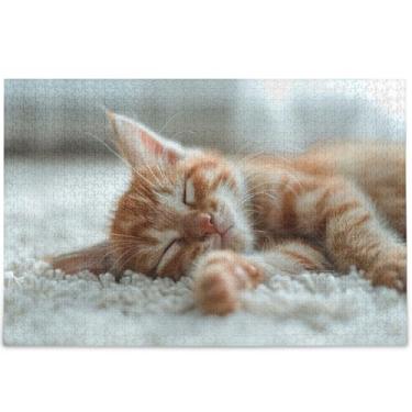 Imagem de Quebra-cabeça personalizado gatinho fofo gato dormindo 1000 peças para adultos presentes para jogo de elefante branco quebra-cabeça cena de outono flor pintura animal, 75 x 50 cm