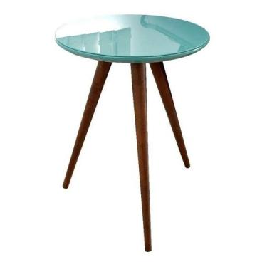 Imagem de Mesa Canto Lateral Redonda Tripé Tampo Vidro Laqueado Cor: Azul Tifany