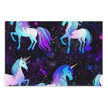 Imagem de Quebra-cabeça de unicórnio mágico céu estrelado para adultos, 1000 peças, presentes para amantes de família, quebra-cabeça exclusivo, arte floral animal, 75 x 40 cm