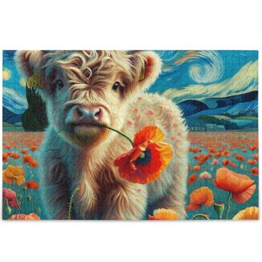 Imagem de Quebra-cabeça Highland Cow Calf Poppy Starry Night 500 peças para adultos presentes tecnológicos para amantes quebra-cabeça personalizado difícil cenário arte animal, 52 cm x 37,8 cm