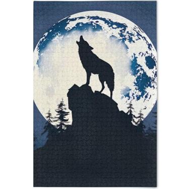 Imagem de Quebra-cabeça personalizado de lobo uivante lua noite 500 peças para adultos jogo engraçado rígido para adultos cenário arte floral, 52 cm x 37,8 cm