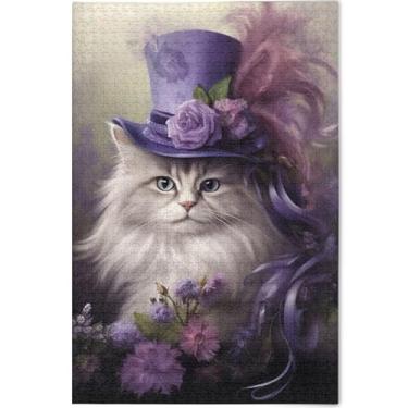 Imagem de Quebra-cabeça personalizado de flor de gato elegante 1000 peças quebra-cabeça adulto engraçado rígido para adultos impressão de arte animal, 75 x 50 cm