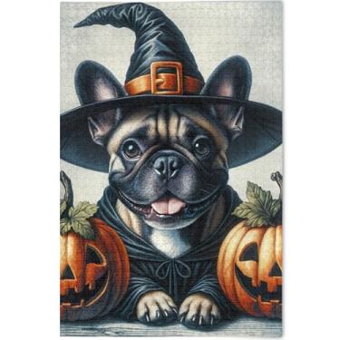 Imagem de Quebra-cabeça buldogue abóbora Halloween 500 peças para adultos família brinquedo arte paisagem cena quebra-cabeça presentes personalizados para jogo de elefante branco, 52 cm x 37,8 cm