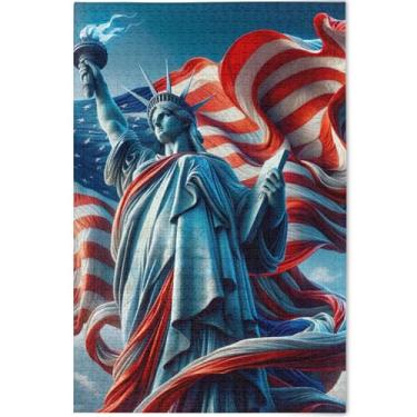 Imagem de Estátua personalizada da liberdade tingida bandeira dos EUA quebra-cabeças 500 peças para adultos flor animal pintura homens presentes exclusivos jogo de quebra-cabeça tecnológico, 52 cm x 37,8 cm
