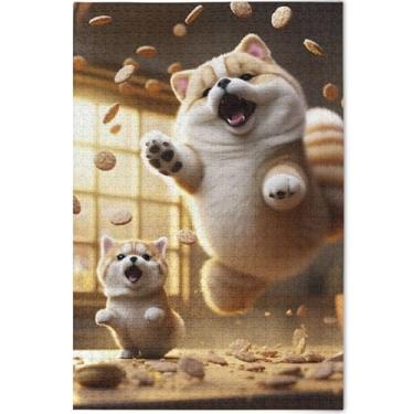 Imagem de Quebra-cabeça personalizado de gato gordo pulando 500 peças para adultos presentes para amantes de quebra-cabeça família divertido quebra-cabeça flor estampa animal, 52 cm x 37,8 cm