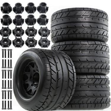 Imagem de STMU 1/10 RC Rubber Tires & Wheel Rim 12mm/14mm Hex Hub 4.64''OD Compatible with 1/10 Scale Traxxas Rustler Slash HPI Redcat Volcano ExceedRC Infinitive RC Monster Truck Set of 4 (Type B)