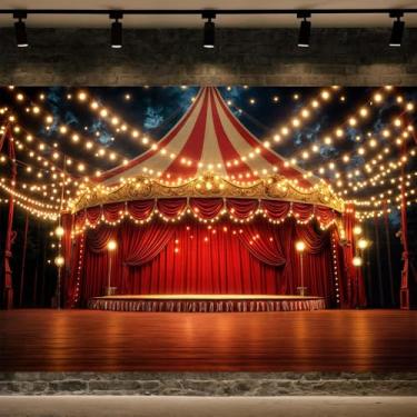 Imagem de DYNH Pano de fundo para fotografia de barraca de circo vintage vermelha, 2,1 x 1,5 m, retrô, com tema de circo, tema de carnaval, aniversário, chá de bebê recém-nascido, festa, decoração de fundo
