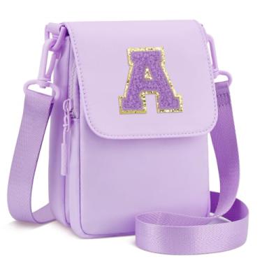 Imagem de CLOUDWINGS Presentes de aniversário para meninas, bolsa transversal pequena, inicial para celular, bolsa tiracolo com compartimento triplo, Roxa, A