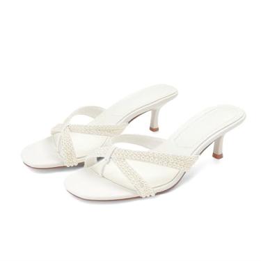 Imagem de Dsevht Sandálias femininas de salto gatinho dourado com tiras salto mula, bico aberto arredondado, sandália tanga feminina, Pérola branca, 35