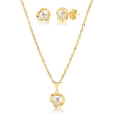 Imagem de Conjunto Colar E Brinco Com Pingente de Pérola Folheado A Ouro 18k