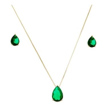 Imagem de Conjunto Colar E Brinco Com Pingente de Gota zircônia Verde Esmeralda A Ouro 18k