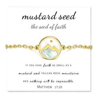 Imagem de Embtrem Pulseira de semente de mostarda, pulseira cristã com cruz de fé para mulheres, como presentes de batismo, versículo bíblico, semente de mostarda, joias de confirmação de dia dos namorados