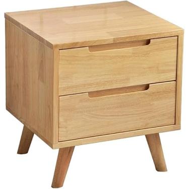 Imagem de Mesa de cabeceira de madeira maciça com gavetas duplas, mesa de cabeceira estilo minimalista nórdico