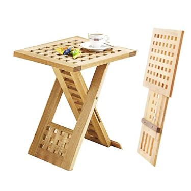 Imagem de ZXLPHA Mesa de centro dobrável de madeira maciça, mesa de canto quadrada pequena portátil, mesa lateral de pernas de madeira em forma de X, mesa de jantar individual para sala rústica e cozinha