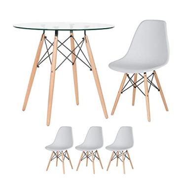 Imagem de Loft7, Kit - Mesa Eames com tampo de vidro 80 cm + 3 cadeiras Eiffel Dsw Cinza claro