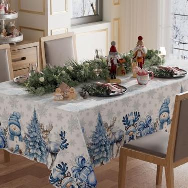Imagem de XCHI Toalha de mesa de inverno com boneco de neve, árvore de veado, retangular, toalha de mesa de Natal, lavável para jantar em casa, festas, decorações de Natal 152 x 203 cm