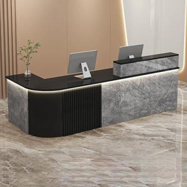Imagem de Balcão de recepção moderno com bandeja de teclado e orifício para cabo, balcão de caixa de varejo para saguões e salões, design de mármore, 120 x 60 x 100 cm