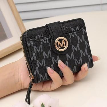 Imagem de Carteira curta feminina estampada com letras | Bolsa compacta de couro PU para vários cartões para estilo ocidental, Preto, Tendência