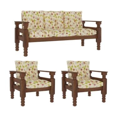 Imagem de Jogo Sofá Madeira Maciça 3 Lugares 2 Poltronas Liz Multimóveis Floral Maracujá