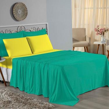 Imagem de Jogo De Cama Queen Nobre 4 Peças Lençol Com Elástico De 30cm De Altura Malha 100% Algodão - Jade / Amarelo