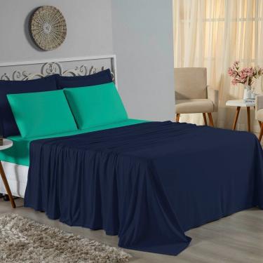 Imagem de Jogo De Cama Casal Nobre 4 Peças Lençol Com Elástico De 30cm De Altura Malha 100% Algodão - Azul-marinho / Jade