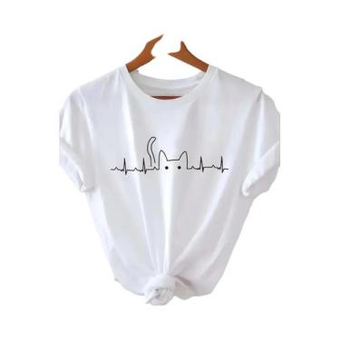 Imagem de Camiseta Feminina Branca Com Gato - Camisa Casual Minimalista Com Arte