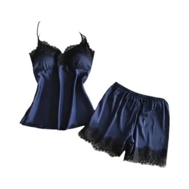 Imagem de Conjunto De Pijama Sexy Em Cetim Para Mulheres Com Decote Em V, Laço D