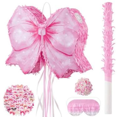 Imagem de Piñata ZRUNBO laço rosa com kit de festa, bastão e venda