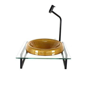 Imagem de GABINETE COM CUBA DE VIDRO CHAPEU 10MM DOURADO REAL COM TAMPO 40CM INCOLOR MAIS TORNEIRA METAL PRETA