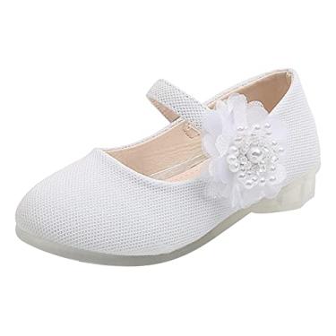Imagem de Tênis infantil Little Girl tamanho 11 sapatos únicos de couro fashion pérola grande flor menina pequeno tênis tamanho 4, Branco, 9 Toddler