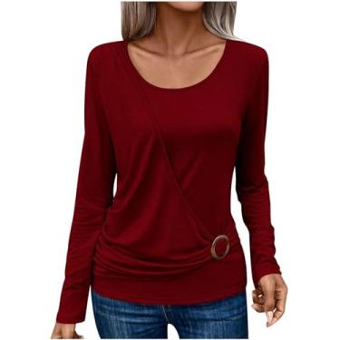 Imagem de Blusa feminina de cor sólida, manga comprida, básica, nó frontal, gola redonda, camisa de professor, túnica casual primavera, Vermelho, XXG